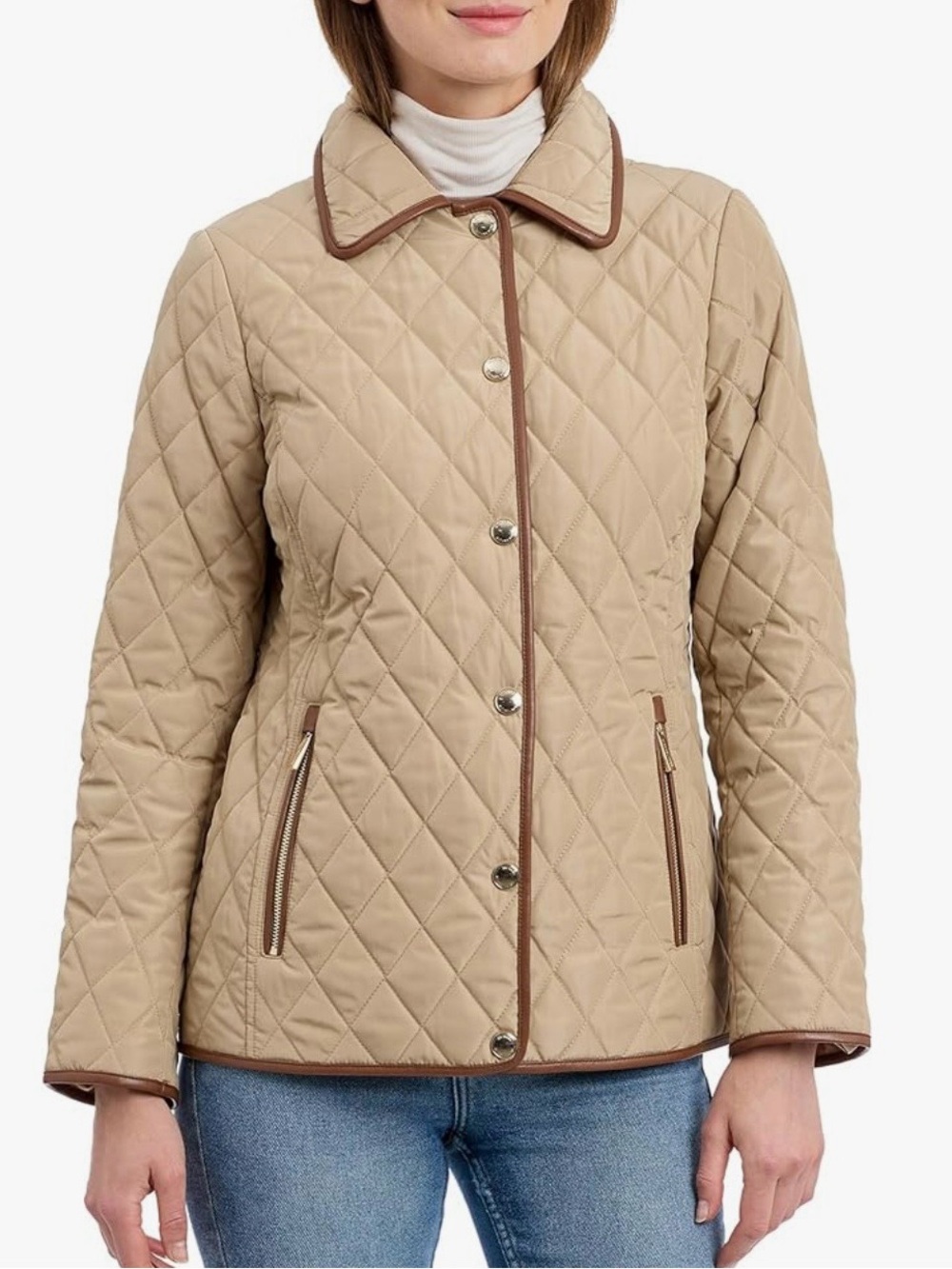 Michael Kors Beige Quilted Puffer Jacket with Brown Trim